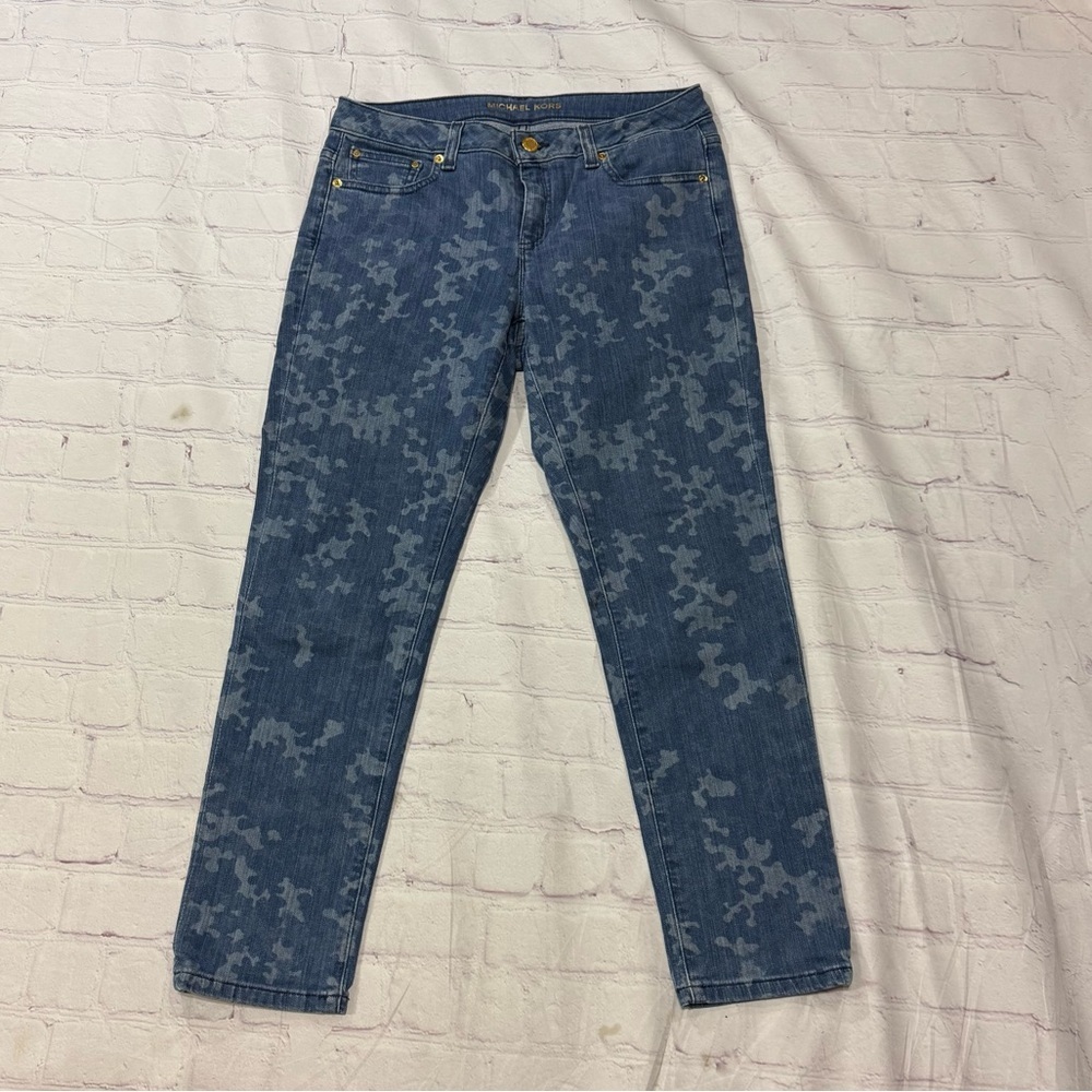 MICHAEL KORS IZZY women’s cropped skinny Blue camo Patterned Jeans size 4 Euc